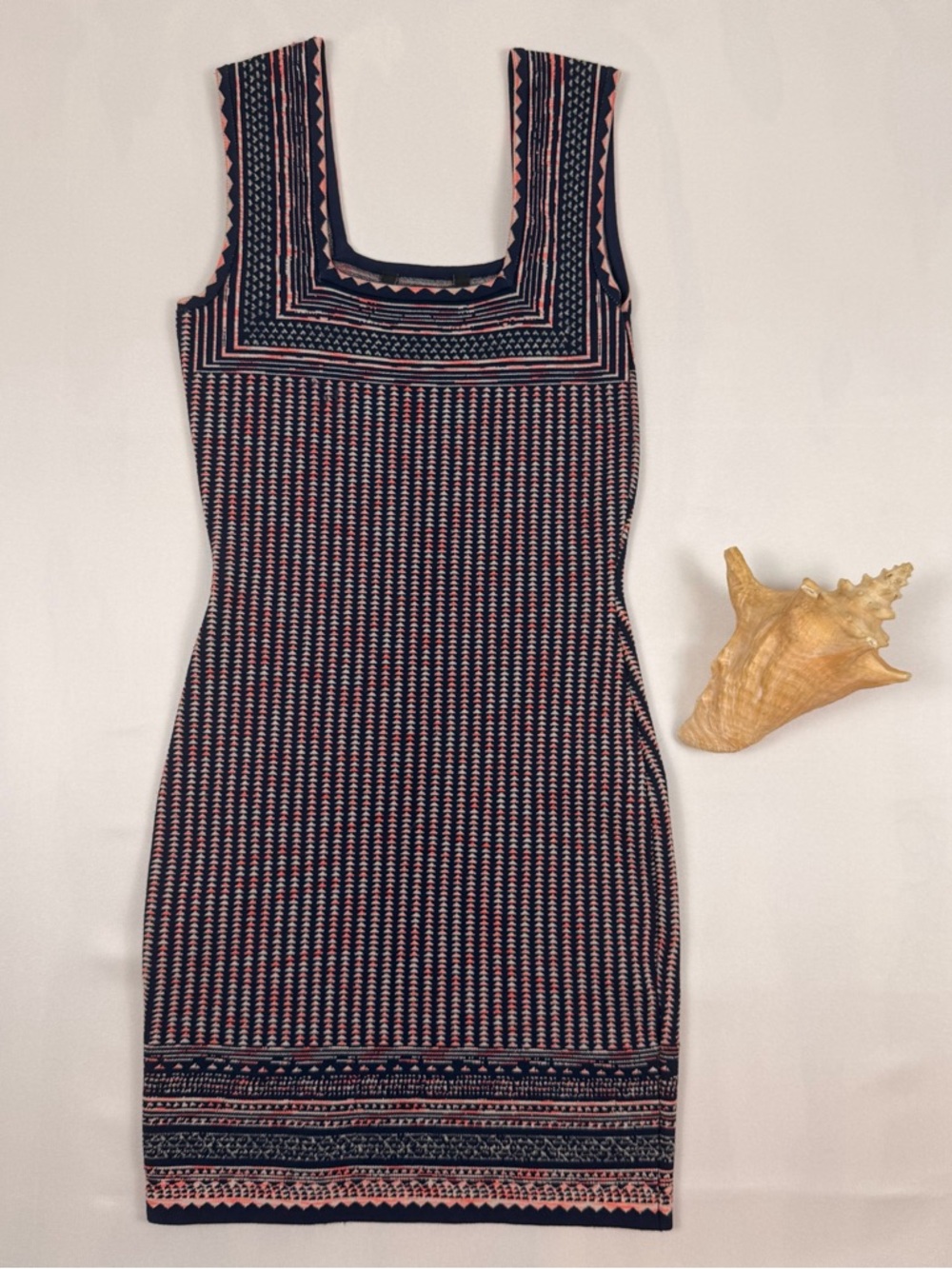 BCBGMAXAZRIA Sheina Jacquard Navy Blue Pink Knit Mini Square Neck Dress XSmall